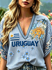 Damen Uruguay 2026 Besticktes Baumwoll-Leinen-Hemd