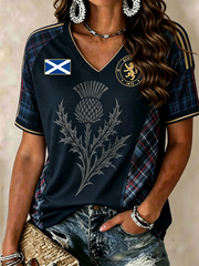 Damen-T-Shirt mit SCHOTTLAND-Print, V-Ausschnitt, Off-Shoulder und kurzen Ärmeln