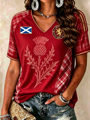 Damen-T-Shirt mit SCHOTTLAND-Print, V-Ausschnitt, Off-Shoulder und kurzen Ärmeln