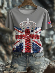 Women's British imitation diamond hot-drilling Printed short-sleeved T-shirt