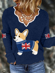Women's Cute Corgi Union Jack Print Casual Long Sleeve Top