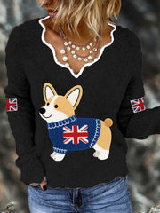 Women's Cute Corgi Union Jack Print Casual Long Sleeve Top