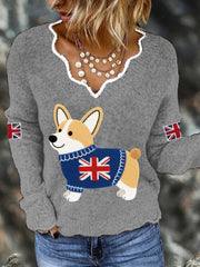 Women's Cute Corgi Union Jack Print Casual Long Sleeve Top