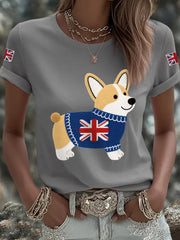Women's Cute Corgi Union Jack Print Casual Tee