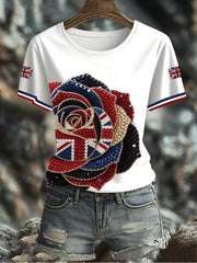 Women's British imitation diamond hot-drilling Printed Iron On Short Sleeve T-Shirt