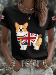 Women's Cute Corgi Union Jack Print Casual Tee