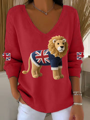 Women's Union Jack Lion Print Casual Long-Sleeve Top