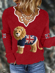 Women's Union Jack Lion Print Casual Long Sleeve Top