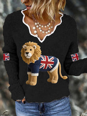 Women's Union Jack Lion Print Casual Long Sleeve Top