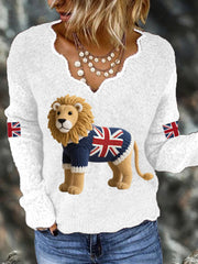 Women's Union Jack Lion Print Casual Long Sleeve Top