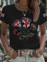 Women's British imitation diamond hot-drilling Printed Iron On Short Sleeve T-Shirt