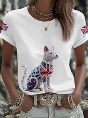 Women's British imitation diamond hot-drilling Printed short-sleeved T-shirt