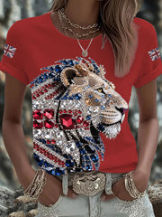 Women's British imitation diamond hot-drilling Printed T-shirt