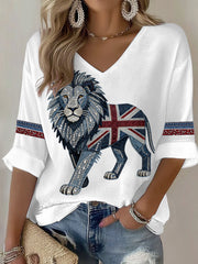 Women's British style imitation denim rhinestone hot-drill Printed Casual T-shirt