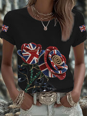 Women's British imitation diamond hot-drilling Printed Iron On Short Sleeve T-Shirt