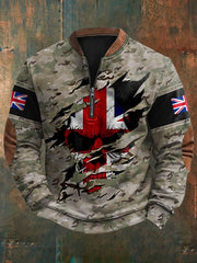 Men's UK Flag Camouflage Skull Print Casual Zipper Pullover