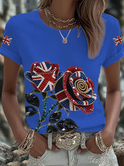 Women's British imitation diamond hot-drilling Printed Iron On Short Sleeve T-Shirt