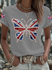 Women's British imitation diamond hot-drilling Printed Iron On Short Sleeve T-Shirt
