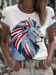 Women's British style imitation denim rhinestone hot-drill Printed Iron On Short Sleeve T-Shirt