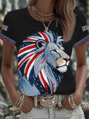 Women's British style imitation denim rhinestone hot-drill Printed Iron On Short Sleeve T-Shirt