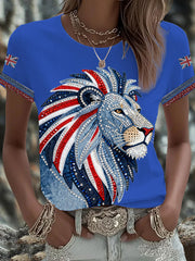 Women's British style imitation denim rhinestone hot-drill Printed Iron On Short Sleeve T-Shirt