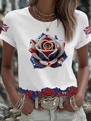 Women's British imitation diamond hot-drilling Printed short-sleeved T-shirt