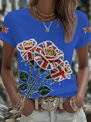 Women's British imitation diamond hot-drilling Printed Iron On Short Sleeve T-Shirt