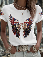 Women's British imitation diamond hot-drilling Printed Iron On Short Sleeve T-Shirt
