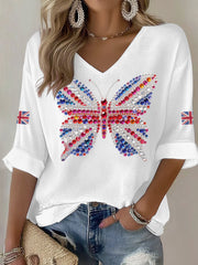 Women's British imitation diamond hot-drilling Printed Casual T-shirt