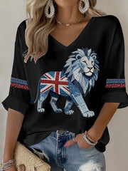 Women's British style imitation denim rhinestone hot-drill Printed Casual T-shirt