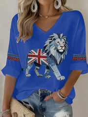 Women's British style imitation denim rhinestone hot-drill Printed Casual T-shirt