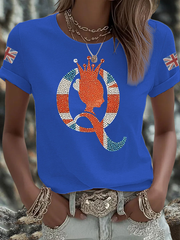 Women's British imitation diamond hot-drilling Printed Iron On Short Sleeve T-Shirt
