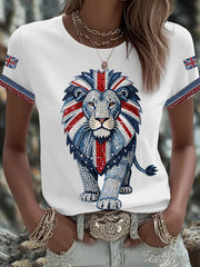 Women's British style imitation denim rhinestone hot-drill Printed Iron On Short Sleeve T-Shirt