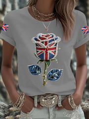 Women's British imitation diamond hot-drilling Printed Iron On Short Sleeve T-Shirt