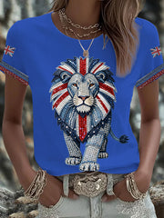 Women's British style imitation denim rhinestone hot-drill Printed Iron On Short Sleeve T-Shirt