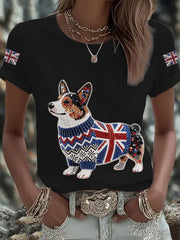 Women's UK Flag Corgi Printed T-shirt
