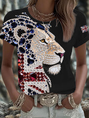 Women's British imitation diamond hot-drilling Printed Iron On Short Sleeve T-Shirt