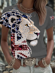 Women's British imitation diamond hot-drilling Printed Iron On Short Sleeve T-Shirt