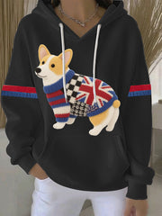 Women's British Faux Felt Corgi Print Casual Hoodie