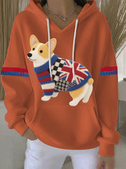 Women's British Faux Felt Corgi Print Casual Hoodie