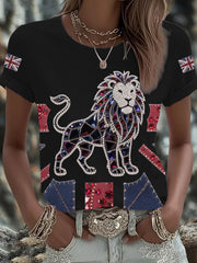 Women's British imitation diamond hot-drilling Printed Iron On Short Sleeve T-Shirt