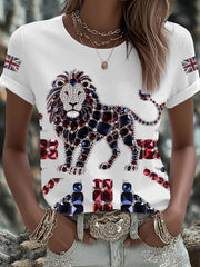 Women's British imitation diamond hot-drilling Printed Iron On Short Sleeve T-Shirt