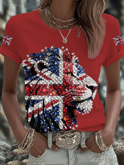 Women's British imitation diamond hot-drilling Printed Iron On Short Sleeve T-Shirt