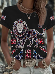 Women's British imitation diamond hot-drilling Printed Iron On Short Sleeve T-Shirt