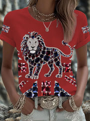 Women's British imitation diamond hot-drilling Printed Iron On Short Sleeve T-Shirt