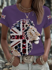 Women's British imitation diamond hot-drilling Printed Iron On Short Sleeve T-Shirt