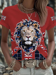 Women's British imitation diamond hot-drilling Printed Iron On Short Sleeve T-Shirt