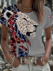 Women's British imitation diamond hot-drilling Printed Iron On Short Sleeve T-Shirt