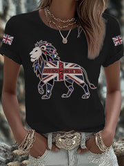 Women's British imitation diamond hot-drilling Printed Iron On Short Sleeve T-Shirt