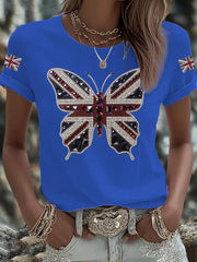 Women's British imitation diamond hot-drilling Printed Iron On Short Sleeve T-Shirt